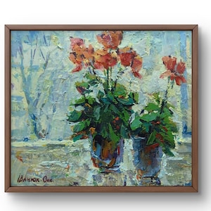 Oil painting still life original oil painting green leaves and warm red flowers on a soft textured background handmade art unframed