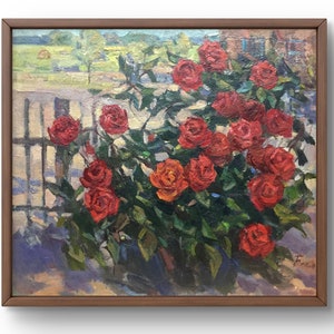 Oil painting landscape original, oil painting on cardboard, lush bush of red roses against the background of a rural fence, handmade art