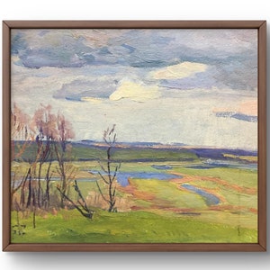 Pintura al óleo paisaje original, pintura al óleo sobre cartón, paisaje con amplios campos verdes cortados por ríos, arte hecho a mano, sin marco, arte de pared