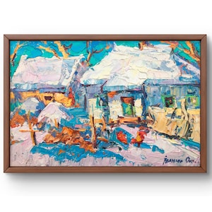 Oil painting landscape original, oil painting on canvas, winter village and houses, handmade landscape, unframed white snow, original art