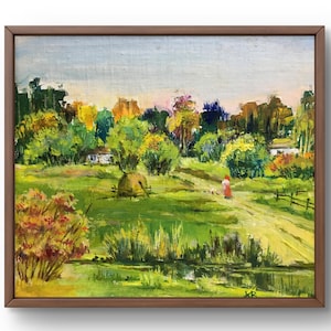 Pintura al óleo original de paisaje, pintura al óleo sobre cartón, pintoresco paisaje de pueblo de verano, campo verde, arte hecho a mano, sin marco