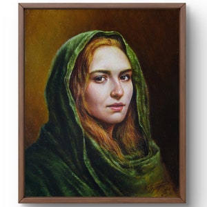 Oil painting portrait original, painting on canvas, woman portrait, handmade art, interior, unframed, woman in green scarf, wall art