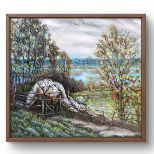 Oil painting landscape original oil painting on canvas summer river blue landscape handmade art nature unframed green forest wall art