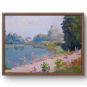 Oil painting landscape original oil painting on canvas summer beach river landscape handmade art nature unframed green forest wall art
