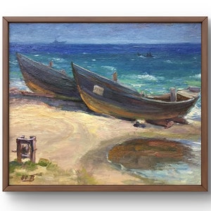Pintura a óleo paisagem original, pintura a óleo sobre papelão, praia com barcos em pé na areia, arte feita à mão, sem moldura, arte de parede