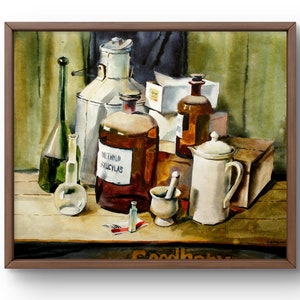 Dipinto ad acquerello natura morta originale, dipinto ad acquerello, bottiglie di vetro vintage, mortaio e pestello e brocca, arte fatta a mano, senza cornice