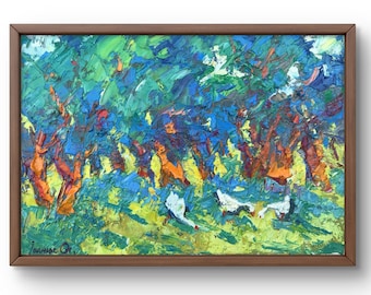 油絵　大自然 緑の森の絵画 オリジナルの木々の壁アート 川の油絵 キャンバスに描か