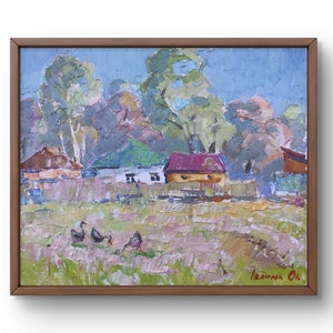 Oil painting landscape original oil painting on canvas summer green forest landscape handmade art nature unframed white houses wall art