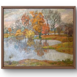 Oil painting landscape original, oil painting on canvas, scene with golden trees reflected in a calm pond, handmade art, unframed, wall art