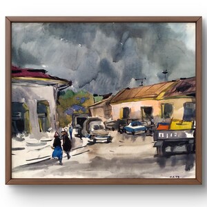 Watercolor painting landscape original, watercolor painting on paper, city street with passers-by and cars, handmade art, unframed, wall art