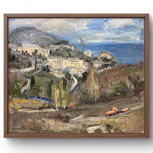 Pintura a óleo paisagem original, pintura a óleo sobre papelão, paisagem costeira com casas, litoral e montanhas, arte feita à mão, sem moldura