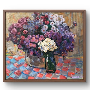 Oil painting still life original oil painting composition of blooming bright flowers on a textured background handmade art unframed wall art