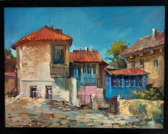 Öl Landschaft, Stadtansicht, Architektur, Kunst, Originalgemälde, Sommer Landschaft, Kunst, Handgemacht