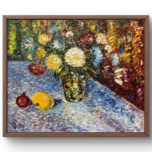 Pintura a óleo natureza morta original, pintura a óleo sobre papelão, natureza morta brilhante com um buquê de flores em um vaso decorativo, arte feita à mão