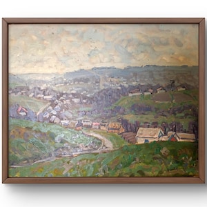 Pintura a óleo paisagem original, pintura a óleo sobre papelão, campo sereno com colinas ondulantes ao pôr do sol, arte feita à mão, sem moldura