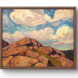 Pintura a óleo paisagem original, pintura a óleo sobre papelão, paisagem de montanha com céu nublado e picos rochosos, arte feita à mão, sem moldura