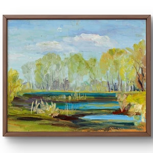 Pintura al óleo paisaje original, pintura sobre cartón, paisaje de bosque verde, arte hecho a mano, naturaleza, sin marco, paisaje de verano, arte de pared