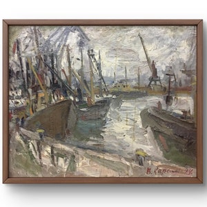 Pintura a óleo paisagem original, pintura a óleo sobre papelão, porto industrial com navios e guindastes sob céu nublado, arte feita à mão, sem moldura