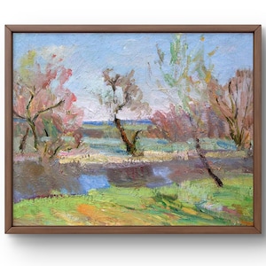 Pintura al óleo paisaje original, pintura al óleo sobre cartón, escena primaveral con árboles en flor y río, arte hecho a mano, enmarcado, arte de pared