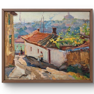 Pintura a óleo paisagem original, pintura a óleo sobre papelão, rua ensolarada em uma encosta em uma cidade pitoresca, arte feita à mão, sem moldura, arte de parede