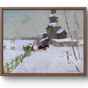 Oil painting landscape original, oil painting on cardboard, winter village with snowy ground, old church, handmade art, unframed, wall art