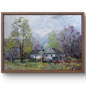 Pintura al óleo original de paisaje, pintura al óleo sobre cartón, paisaje rural con una pintoresca cabaña y un caballo, arte hecho a mano, sin marco