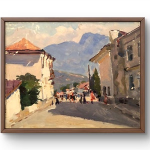 Pintura al óleo paisaje original, pintura al óleo sobre cartón, escena callejera en el pueblo con montañas al fondo, arte hecho a mano