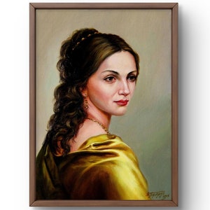 Oil painting portrait original, painting on canvas, elegant style, handmade art, interior, unframed, girl in yellow dress, wall art
