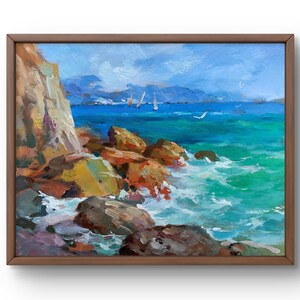 Pintura al óleo paisaje original, pintura sobre cartón, paisaje marino, arte hecho a mano, naturaleza, sin marco, paisaje de verano, arte de pared