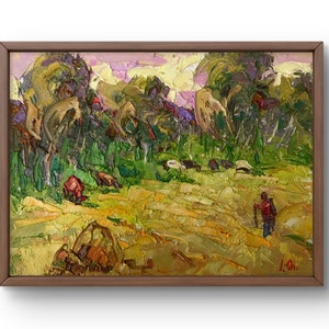 Oil painting landscape original, oil painting on canvas, village scene with picturesque trees and people, handmade art, unframed, wall art