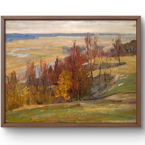 Pintura al óleo paisaje original, pintura al óleo sobre cartón, paisaje otoñal con vista a colinas y campos, arte hecho a mano, sin marco, arte de pared