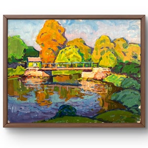 Ölbild Landschaft original, Ölgemälde auf Karton, friedliche Flussszene mit bunten Sommerbäumen, handgemachte Kunst, ohne Rahmen