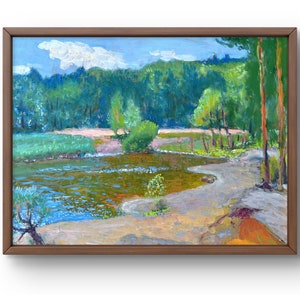 Ölbild Landschaft original, Ölbild auf Malkarton, ruhiges Flussufer umgeben von saftig grünem Baumschmuck, handgefertigte Kunst, ohne Rahmen