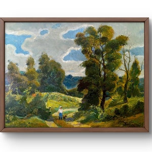 Pintura a óleo paisagem original, pintura a óleo sobre papelão, paisagem rural, homem caminhando com cachorro ao longo do caminho da floresta, arte feita à mão, sem moldura