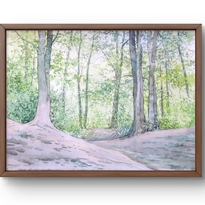 Watercolor painting landscape original, watercolor painting on paper, quiet forest with soft sunlight, handmade art, unframed, wall art