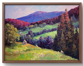 油絵風景画オリジナル、段ボールの油絵、黄金の秋、小川の近くの木々