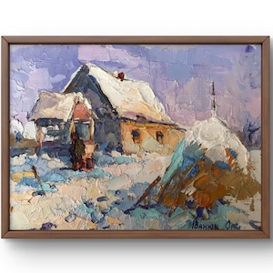 Pintura al óleo original de paisaje, pintura al óleo sobre cartón, acogedor paisaje invernal con casa y pajar, arte hecho a mano, sin marco, arte de pared