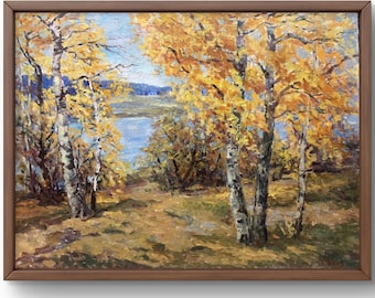 Oil painting landscape original, oil painting, autumn scene with golden birch trees by a calm river, handmade art, unframed, wall art