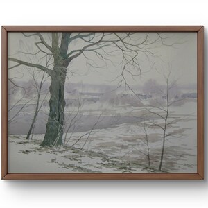 Watercolor painting landscape original, watercolor painting on paper, winter scene with lonely tree, handmade art, unframed, wall art
