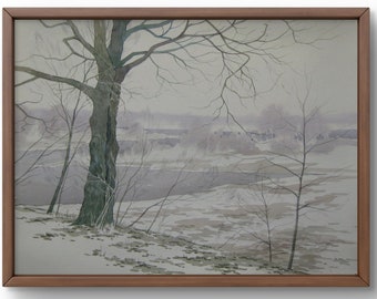 Origineel landschapswaterverfschilderij, aquarel op papier, winters tafereel met eenzame boom, handgemaakte kunst, ingelijst, muurkunst