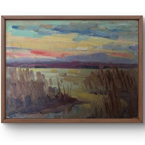 Pintura al óleo paisaje original, pintura sobre cartón, paisaje de río, arte hecho a mano, naturaleza, sin marco, paisaje de atardecer, arte de pared