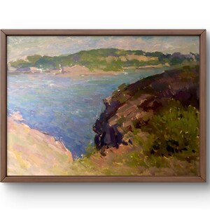 Pintura a óleo paisagem original, pintura a óleo sobre papelão, penhascos rochosos perto da água, vegetação rica, arte artesanal, sem moldura, arte de parede