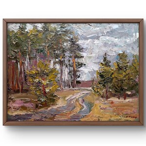 Pintura a óleo paisagem original, pintura a óleo sobre papelão, caminho da floresta sinuoso entre árvores altas texturizadas, arte feita à mão, sem moldura, arte de parede
