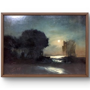 Oil painting landscape original, oil painting on canvas, moonlit night by the water, boat on the shore, handmade art, unframed, wall art