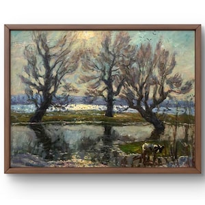 Pintura a óleo paisagem original, pintura a óleo sobre papelão, cena serena de três árvores nuas ao longo de um rio, arte feita à mão, emoldurada, arte de parede