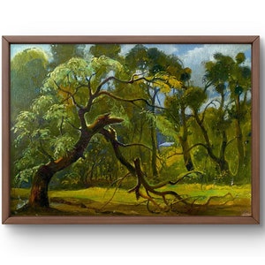 Pintura a óleo paisagem original, pintura a óleo sobre papelão, floresta verde e árvore curva, prado verde, arte artesanal, sem moldura, arte de parede