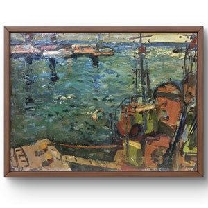 Pintura a óleo paisagem original, pintura a óleo sobre papelão, porto movimentado com barcos em águas cristalinas, arte feita à mão, sem moldura, arte de parede