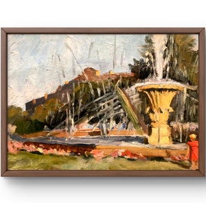 Oil painting landscape original, oil painting, a lively park scene with a fountain in the center, handmade art, unframed, wall art