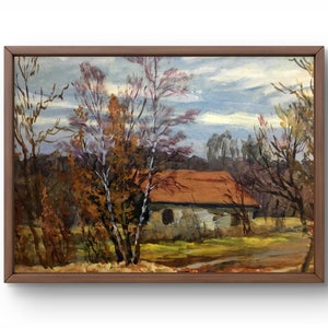 Pintura al óleo paisaje original, pintura al óleo sobre cartón, casa con techo rojo entre árboles otoñales, arte hecho a mano, sin marco, arte de pared