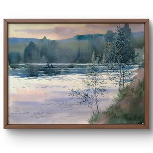 Dipinto ad acquerello paesaggio originale, dipinto ad acquerello su carta, lago calmo al tramonto con cielo morbido riflesso nell'acqua, arte fatta a mano